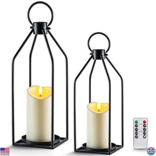 HOMemory 2PCS Black Metal Lanterns with Waterproof Flameless Candle & Remote