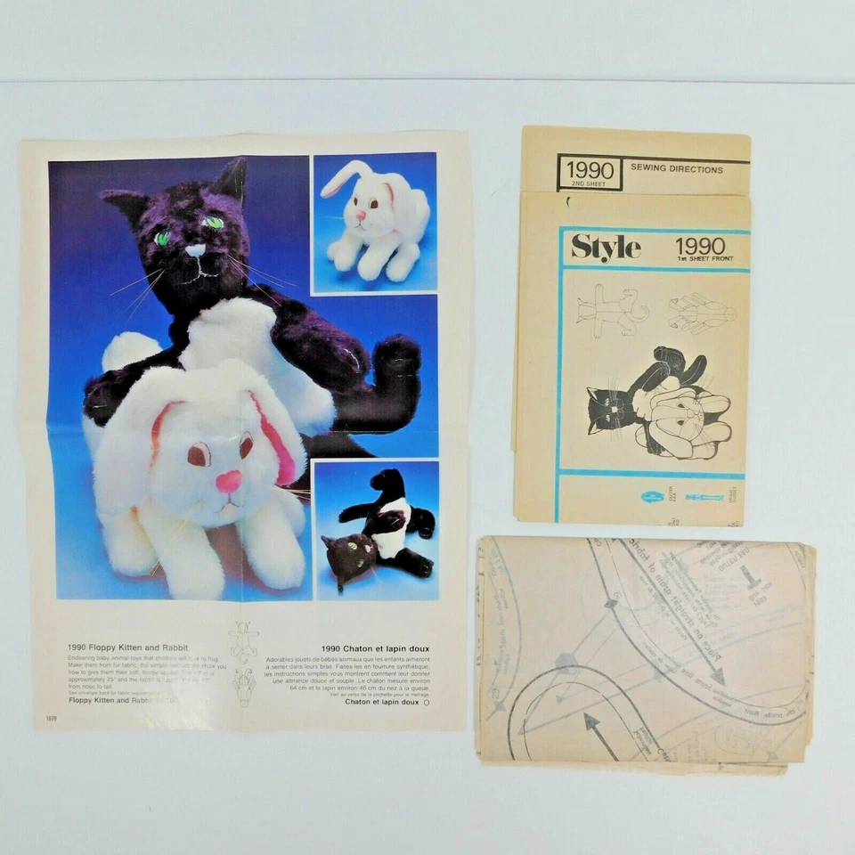 Style 1990 Floppy Kitten Rabbit Plush Sewing Pattern 18-25" Uncut Stuffed Animal - Image 2 of 3