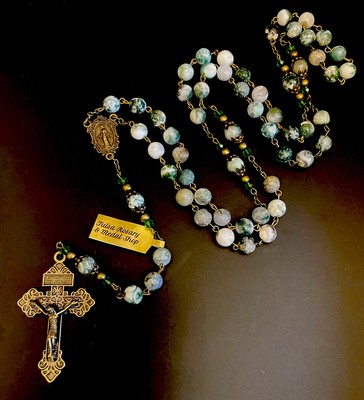Semi Precious Green & White Moss Tree Agate Stone Rosary Pardon Crucifix Tag
