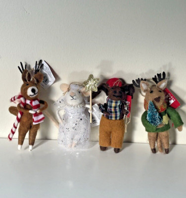 Lot of 4 Felt Felted Christmas Animal Ornaments   Deer, Moose, Mouse, Reindeer