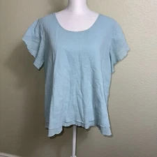 Soft Surroundings Women's Blouse Size PM Blue 100% Cotton Casual Short Sleeve