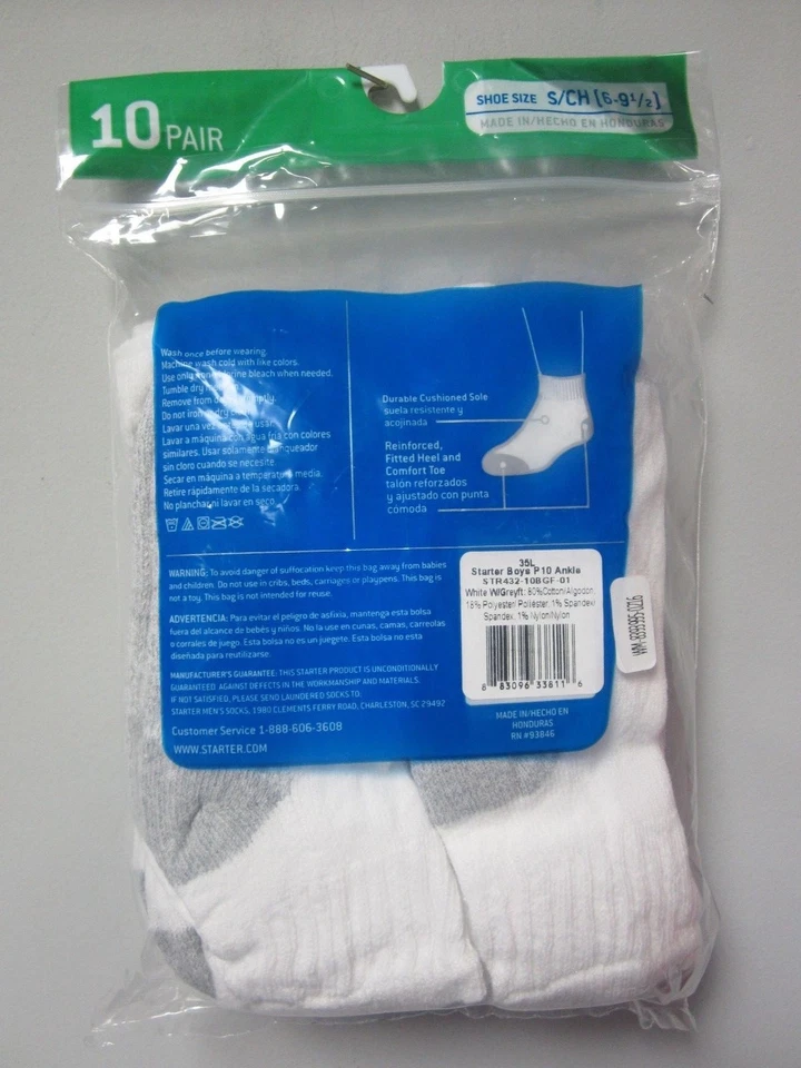 Starter 10-Pair Boys White Ankle Socks Shoe Size S (6-9 1/2) - Image 3 of 4