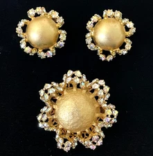 VTG Rhinestone Brooch & Earrings Prong Set AB Ruffle Edge Golden Button Dome