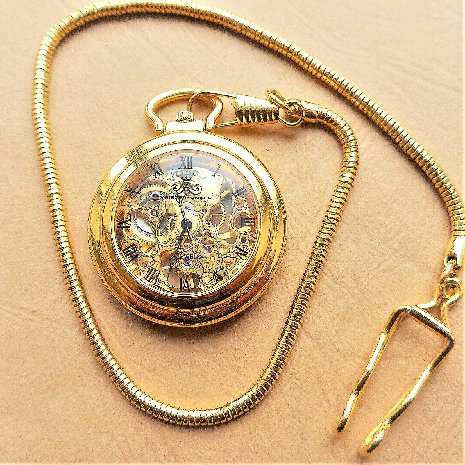 Dainty Meisteranker Skeleton - Pocket Watch, Gold Plated, Chain, Good Function
