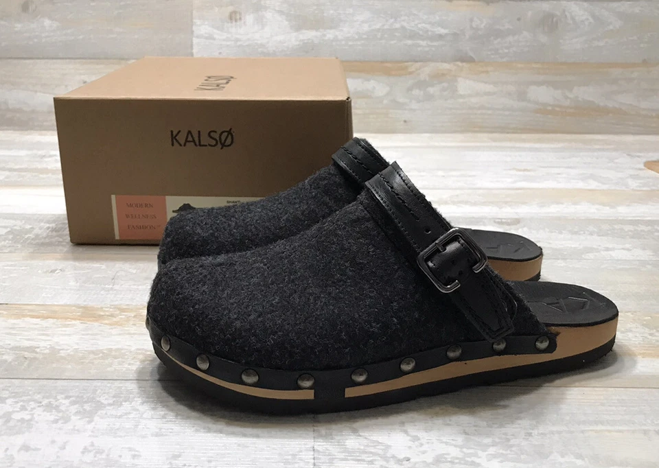 KALSO Women sz 9 Shanti Black Mules Clogs Shoes Fabric Buckle Wood Negative Heel - Image 3 of 4