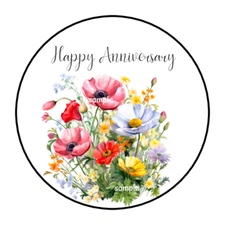 30 HAPPY ANNIVERSARY ENVELOPE SEALS STICKERS LABELS TAGS 1.5" ROUND WILDFLOWERS