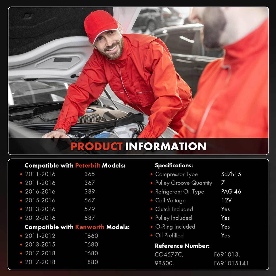 Compresor de aire acondicionado con polea de 7 ranuras para Kenworth T660 T680 T880 Peterbilt 365 367 Foto 2 de 4