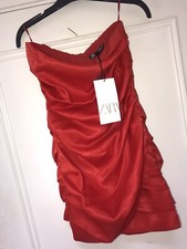 Zara Satin Effect  Red Ruched Bandeau Mini Dress XS New