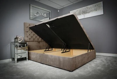 RICHMOND BEDS Chesterfield Upholstered Gas Lift Ottoman Storage Bed Frame Base with Headboard