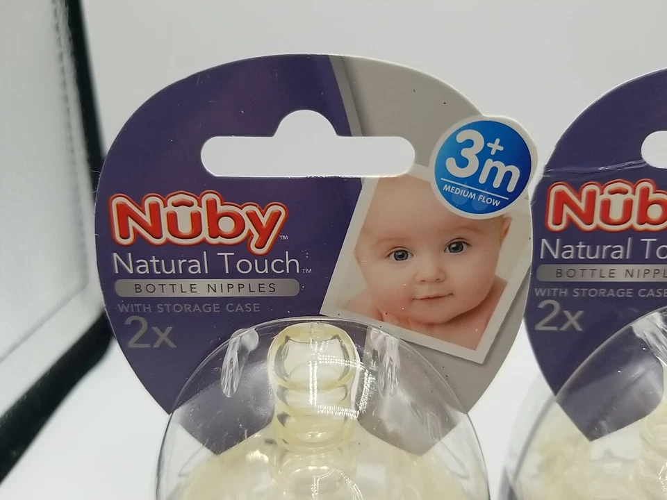 4~NUBY Natural Touch Bottle Nipple W/ Storage Case Softflex Med Flow 3m+ 2 Pks - Image 3 of 4