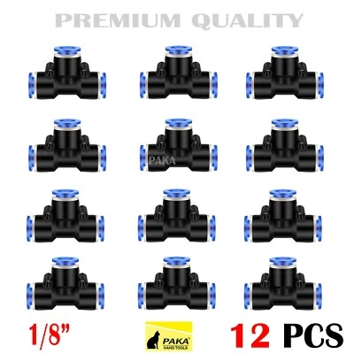 PAKA TOOLS 12x Pneumatic Tee Union Connector Tube OD 1/8" One Touch Push In air fitting