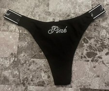 NWT VICTORIA'S SECRET PINK BLACK RHINESTONE THICK LOGO SIDE STRAP THONG PANTIES