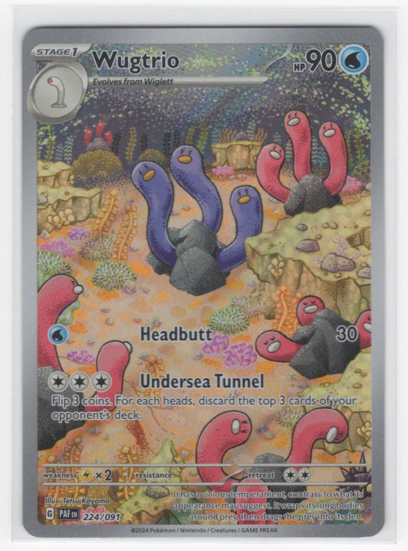 Unleash the power of Wugtrio with the 2024 Paldean Fates * Illustration Rare #224 Pokémon card, a must-have for collectors and players alike
