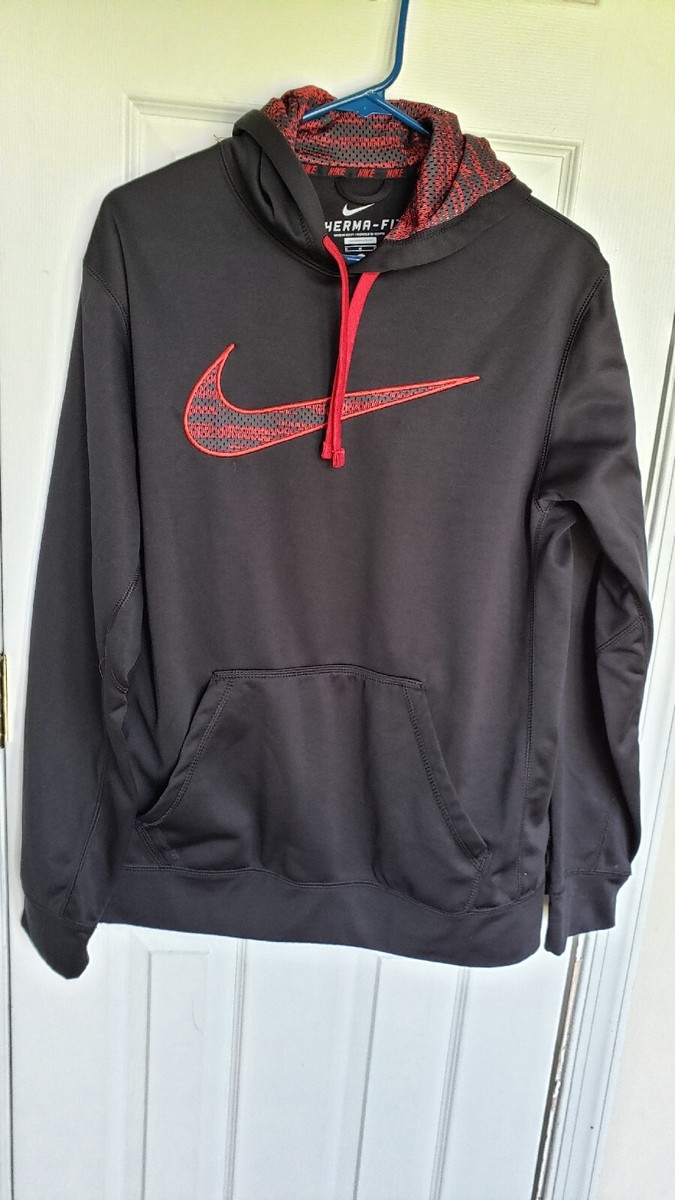 トップス n Nike Therma-Fit Hoodie Pullover Black Red Swoosh Logo Front Pocket