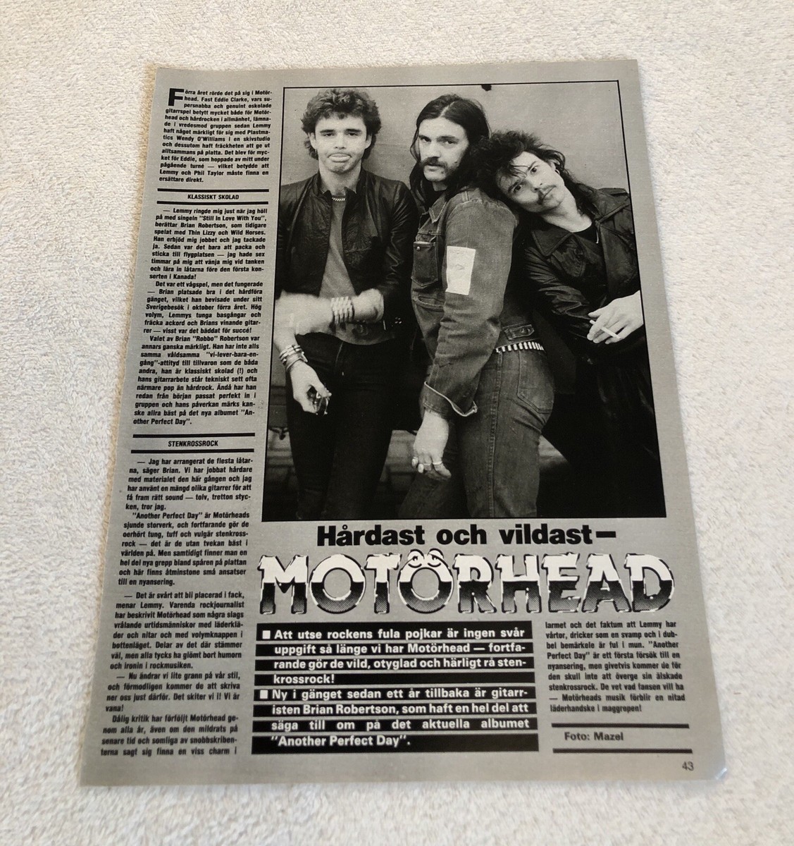 Motorhead 1983 Lemmy Clipping Poster Swedish Music magazine