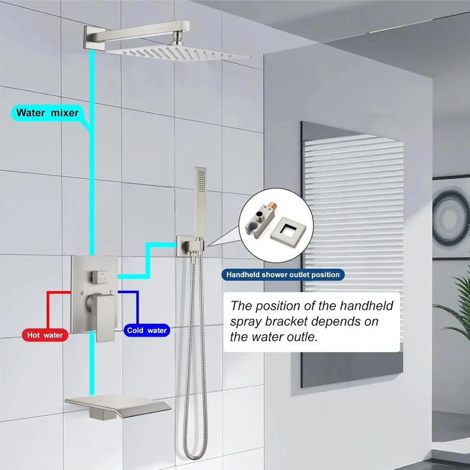 Wall Mounted 12'' Rainfall Shower System with Waterfall Tub Spout Bathtub Faucet - Image 3 of 4