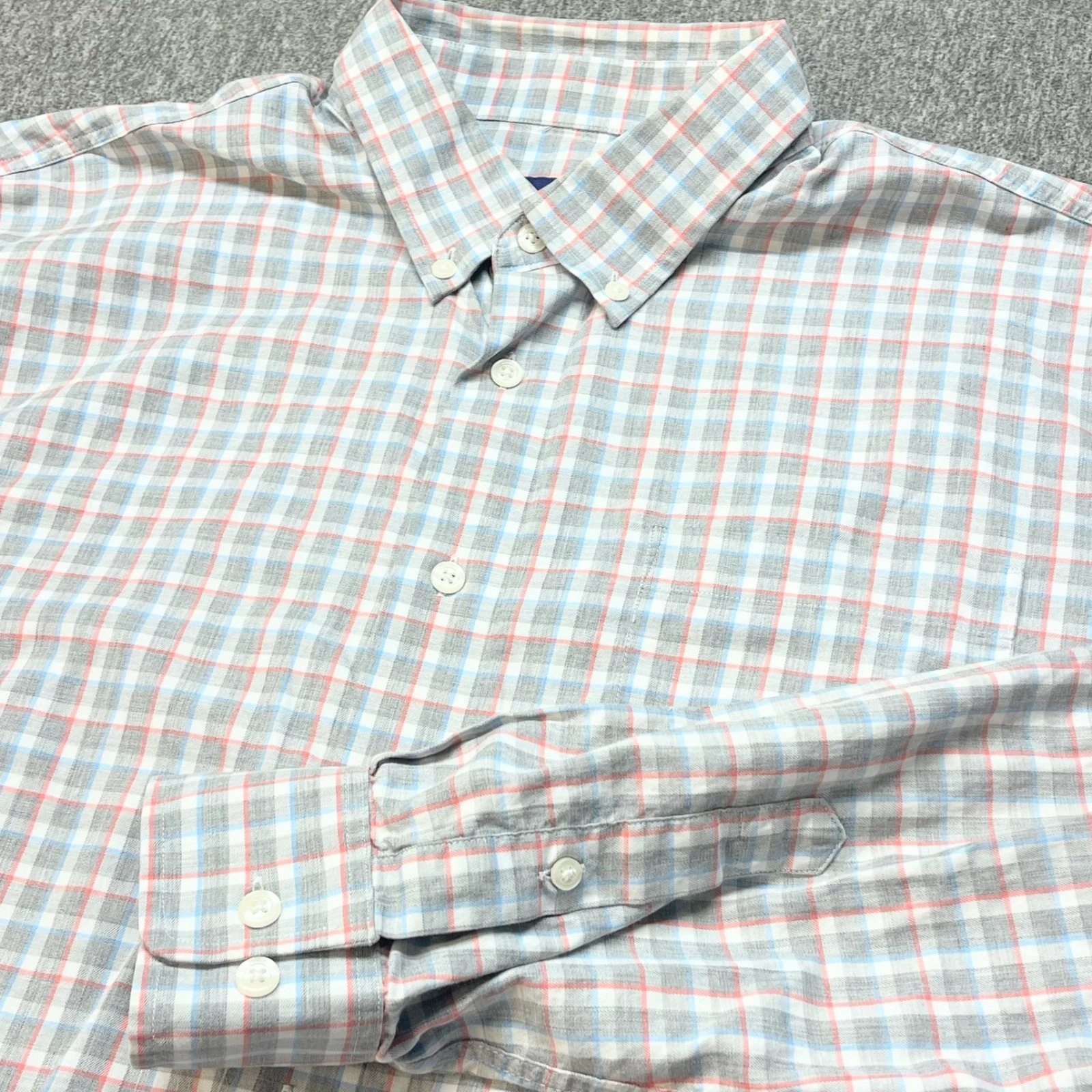 Johnnie-O Mens XL Plaid Button Down Shirt Grey Blue Orange Long Sleeve Pocket
