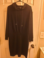 DKNY Sport Hooded Sweater Dress Black Solid Long Sleeve Pockets Drawstring L