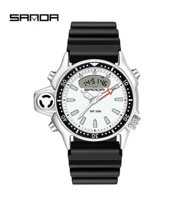 SANDA Dual Display Waterproof Chronograph Resin Band Backlight Alarm Watch