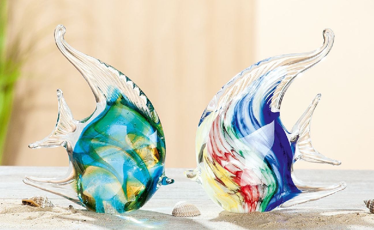39431 Skulptur Fisch Fische Paar Mehrfarbig Glänzend Glas 4 x 13,5 x 13,5cm
