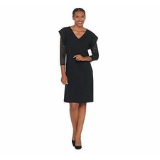 DU JOUR NEW $50 V-Neck Lace Sleeve Knit Dress w/ Ruffle Detail Black Small