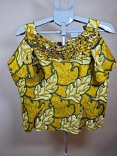 Handmade African Wax Print Smocked Top Yellow Leaf Pattern