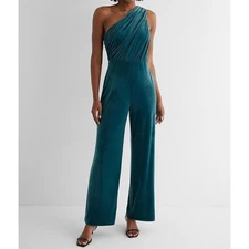 Express Velvet Jumpsuit XS Teal Ruched Wide Leg One Shoulder NYE Party New $118