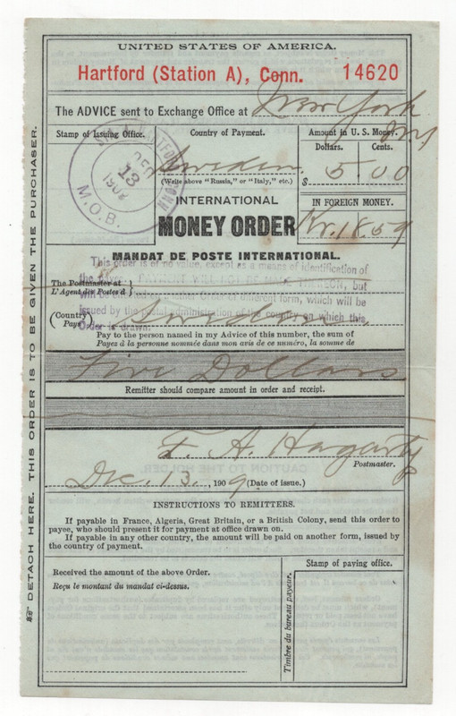 US 1909 INTERNATIONAL MONEY ORDER M.O.B. CANCEL MONEY ORDER RECEIPT