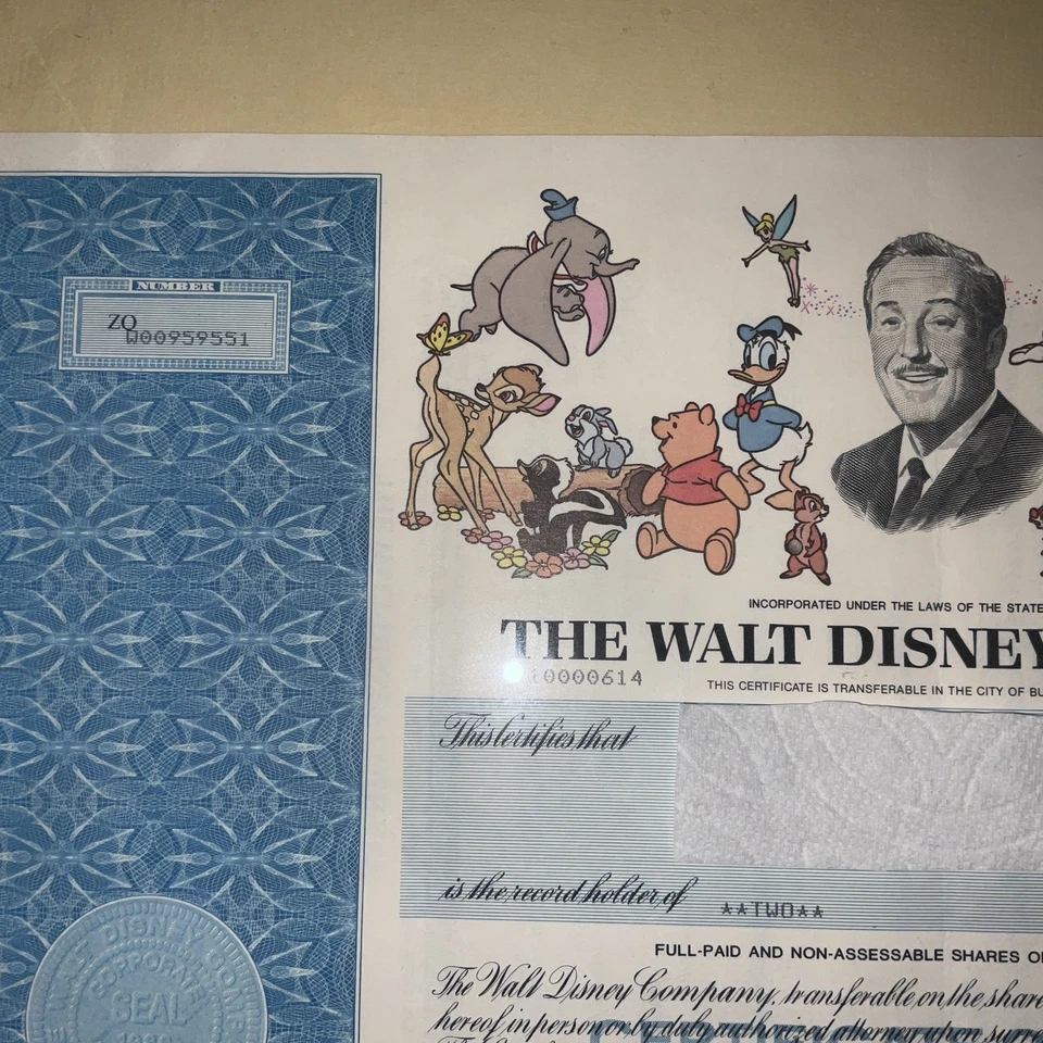 CERTIFICADO DE STOCK WALT DISNEY COMPANY 1993 DE COLECCIÓN. 2 ACCIONES ORIGINALES COTIZADAS ENMARCADAS Foto 2 de 4