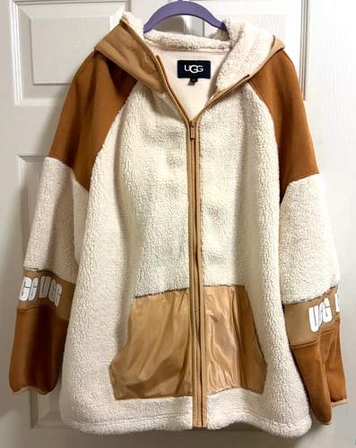 UGG HERITAGE IVORY & GOLD LOGO FAUX SHERPA HOODED JACKET MEN'S XL - product listing photo