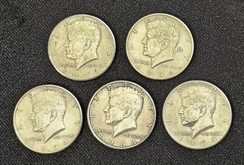 5 Silver 1964 Kennedy Half Dollar Coins 90% Bullion $2.50 Face Value