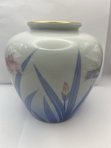 Vaso tondo Otagiri Mercantile Co - foglie blu rosa e viola iris 6,25" vintage - Foto 3 di 6