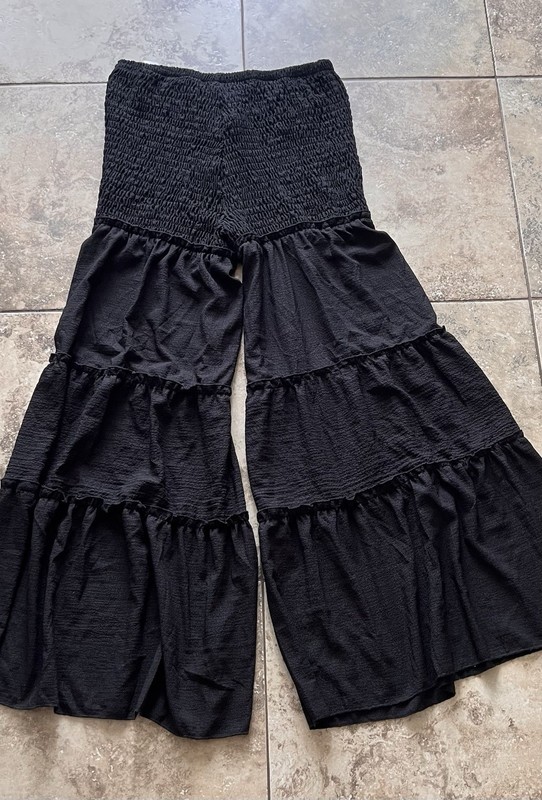 BOHO Beach Vacation Pants Women’s XL Ruffle Flare Wide Leg Swim Cover Black