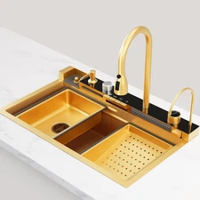 Broncho 33 X 22 Inch Gold 304 Stainless Steel Smart Waterfall Kitchen Sink Set w