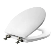 Round Enameled Wood Toilet Seat White Never Looosens Brushed Nickel Metal Hinge