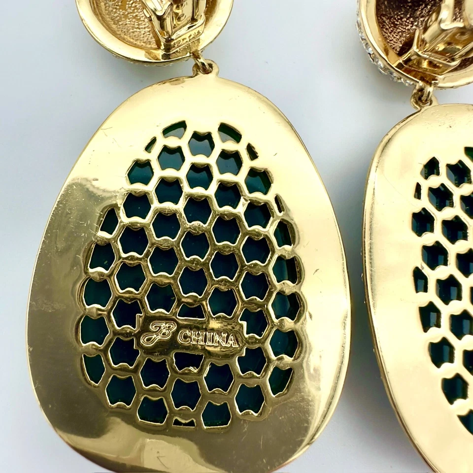 Vtg Brighton Green Glass Earrings Pave Rhinestone Dangle Statement Huge - Image 4 of 4