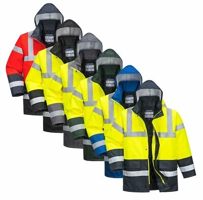 PORTWEST HI VIS CONTRAST TRAFFIC JACKET WATERPROOF HOOD LINED PADDED SAFETY S466