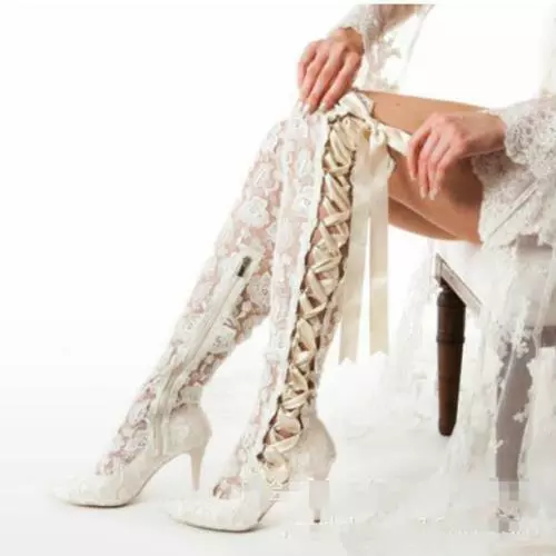 White ribbon lace shop up heels