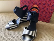 Tory Burch 100mm Size 7 White/navy Stripe Leather Wedge