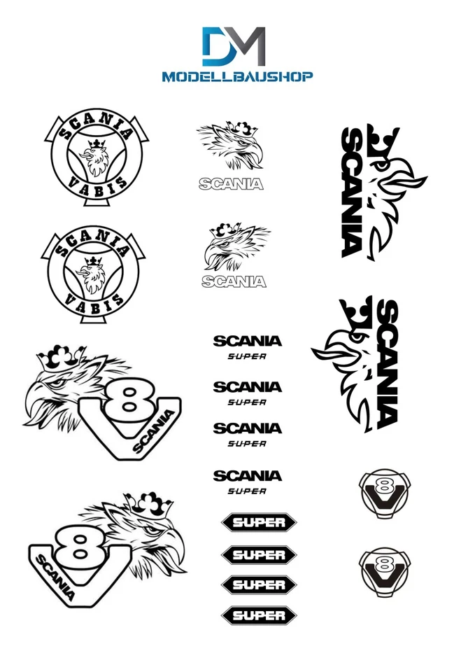 DM-MODELLBAUSHOP Scania V8 Decalbogen Tuning LKW Diorama Modellauto Werkstatt 1:14 - 1:16