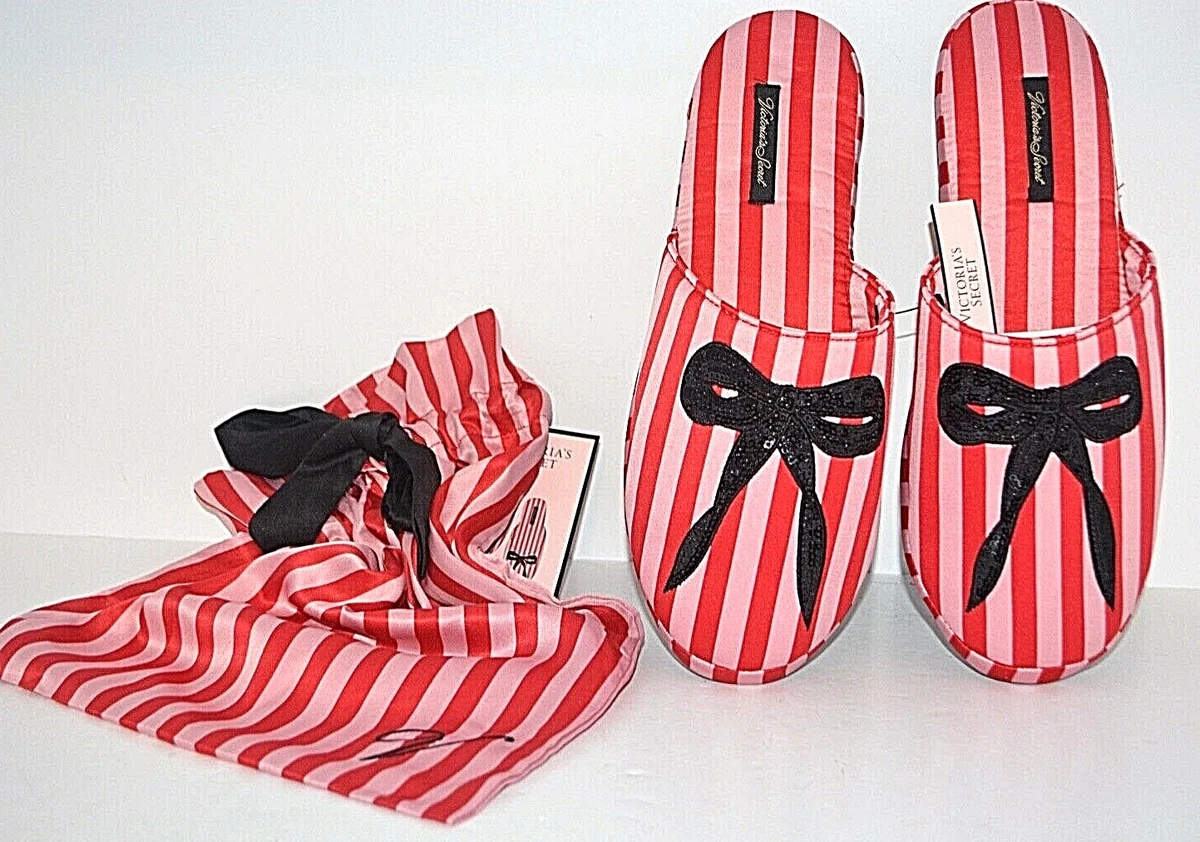Victoria s Secret SIGNATURE SATIN SLIPPERS BOW STRIPED RED BLACK