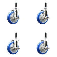 5 Inch 316SS Blue Poly Swivel 3/4 Inch Expanding Stem Caster Set Brake SCC