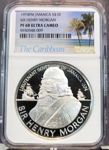 1974 JAMAICA SILVER 10 DOLLARS SIR HENRY MORGAN NGC PF 68 ULTRA CAMEO