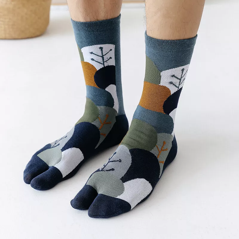 4 Pairs Men Cotton Tabi Socks Soft Split Two Toe Spotted Striped Japanese  Style