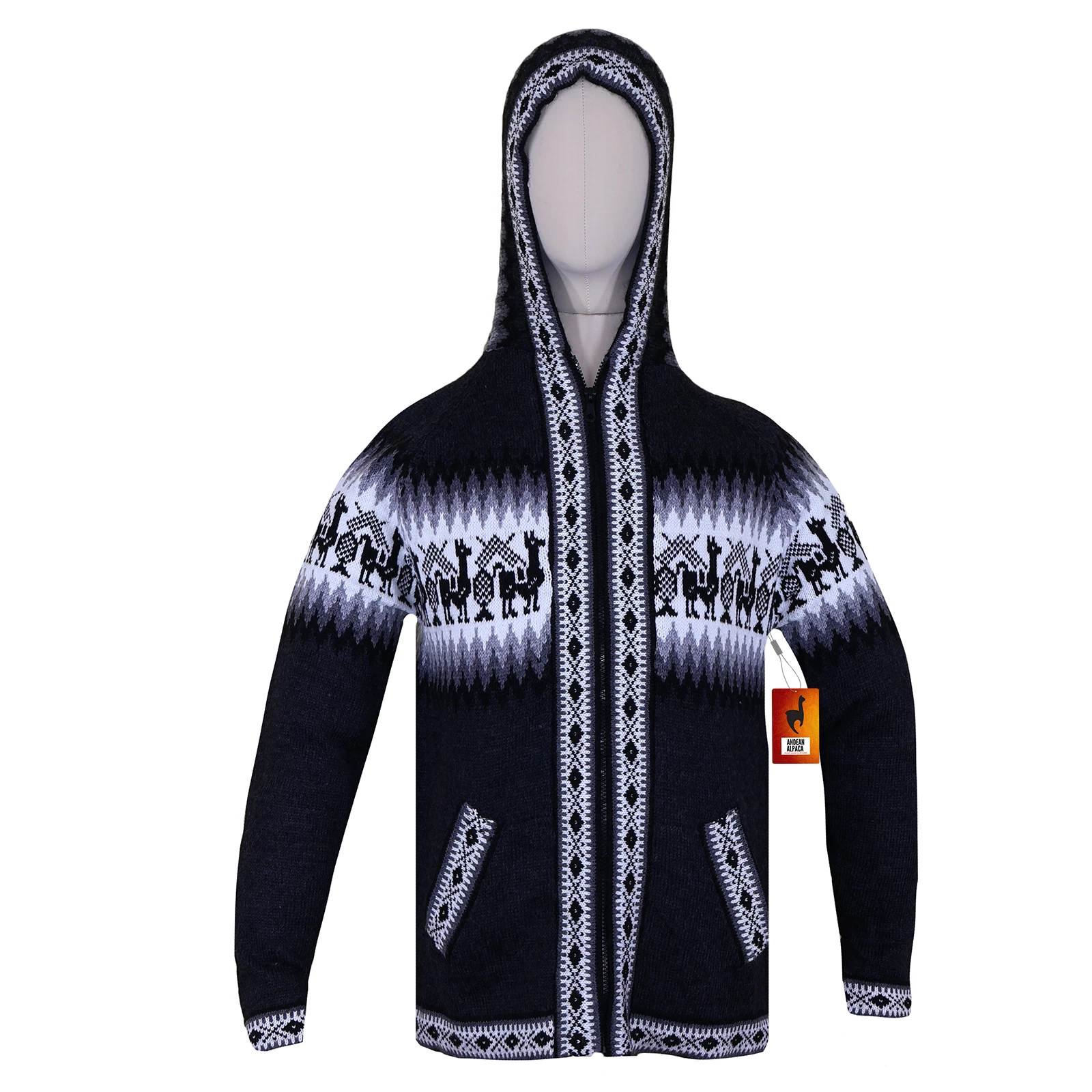 MEN HANDMADE ANDEAN ALPACA DARK GRAY ZIP HOODIE SWEATER SZ M