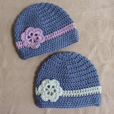2 x Handmade Crochet Baby Beanie Flower Hat Newborn 0/3 months Denim Color -NEW