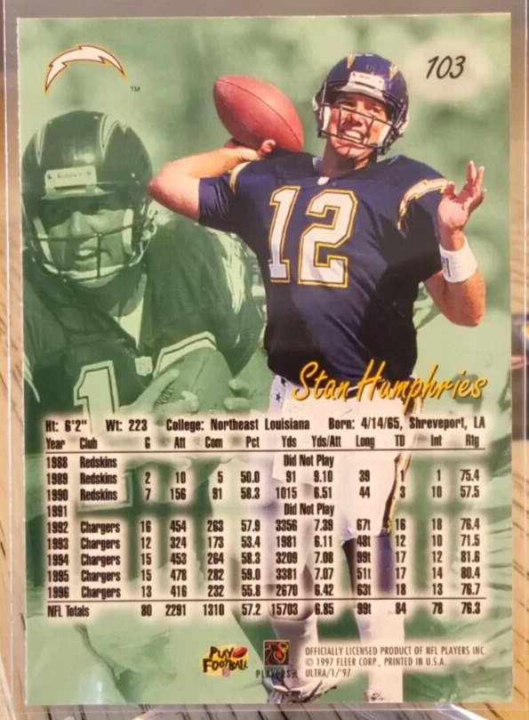 1997 Fleer Ultra Stan Humphries #103 Chargers - Image 2 of 2