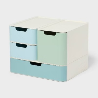 Modular Storage Drawer Set Blue Cutout handles on the front