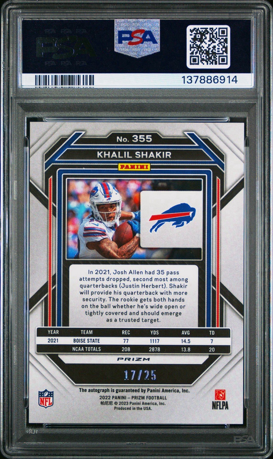 2022 Panini Prizm Khalil Shakir Rookie Auto PSA 10 Camo SP /25 Bills RC #355 view 2