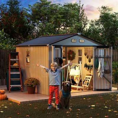 8x8 FT Outdoor Storage Shed w/4 Daylight Windows Lockable Doors Backyard Patio
